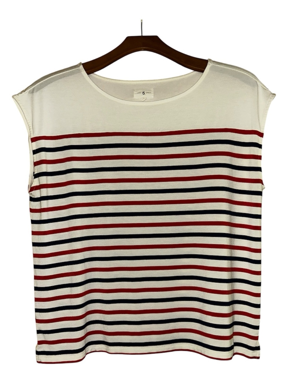 Lou & Grey Sleeveless Striped Knit Top - Ivory with Red & Blue Stripes